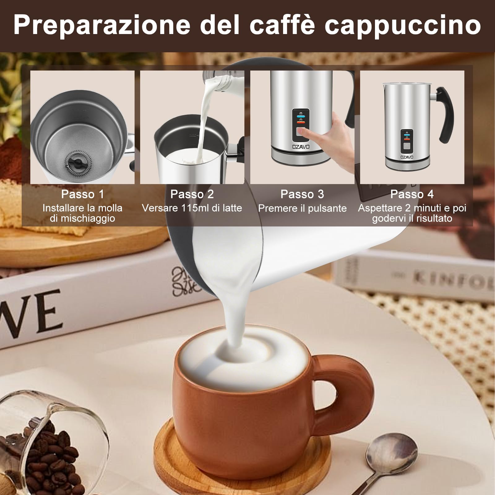 Montalatte Elettrico Montalatte Automaticoin Acciaio Inossidabile Controllo Temperatura Schiuma per Latte e Caffè Calda e Fredda