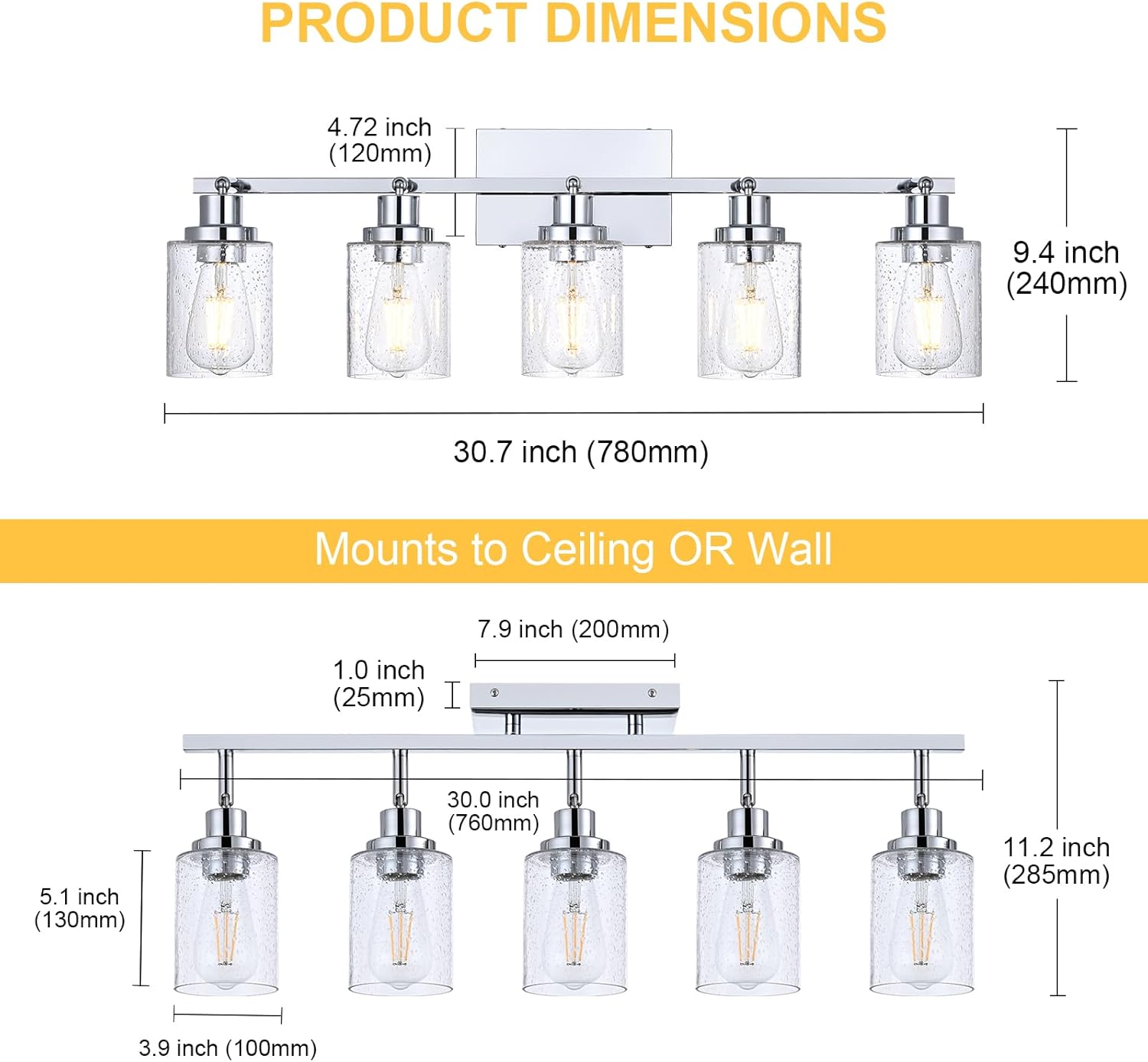 5-Light Chrome Track Light Fixture Ceiling Track Lighting Kit with Seeded Glass Track Lighting Heads Ceiling Vanity Light, Multi-Directional Rotating Spotlight Fixtures for Kitchen Accent Shop