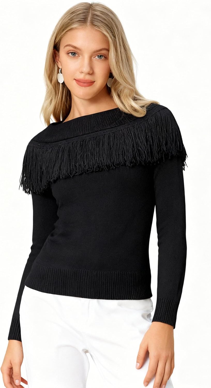 WLLW Women's Fringe Tops Juniors Boat Neck Sweater Long Sleeve Pullover Sweater Slim Fit Off Shoulder Sweaters - Image 2