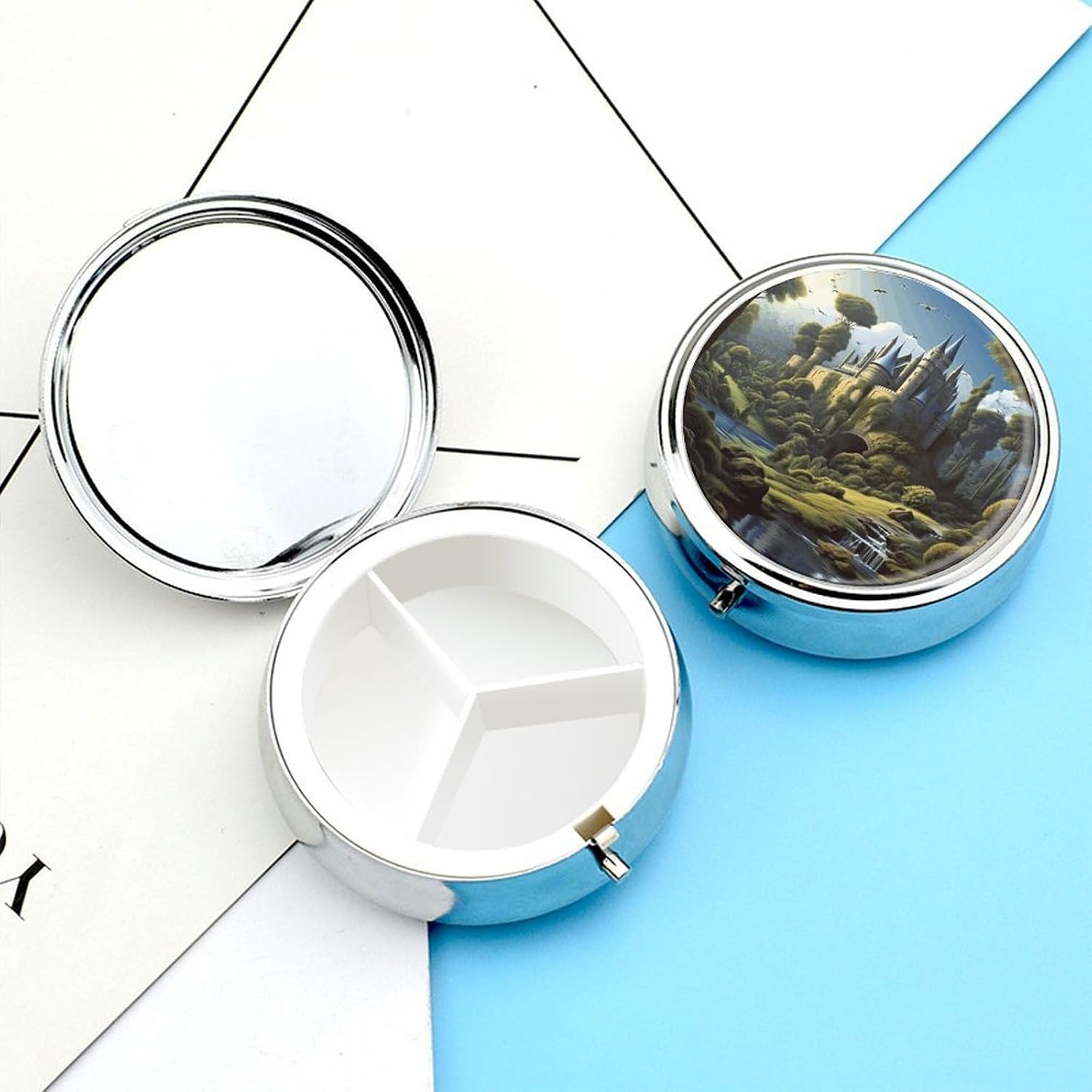 Round Silver Pill Box Small Pill Case for Purse and Pocket 3 Compartment
