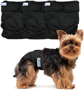 Paw Inspired Washable Dog Diapers, Black with Black Lining, XS Size, 3 Pack