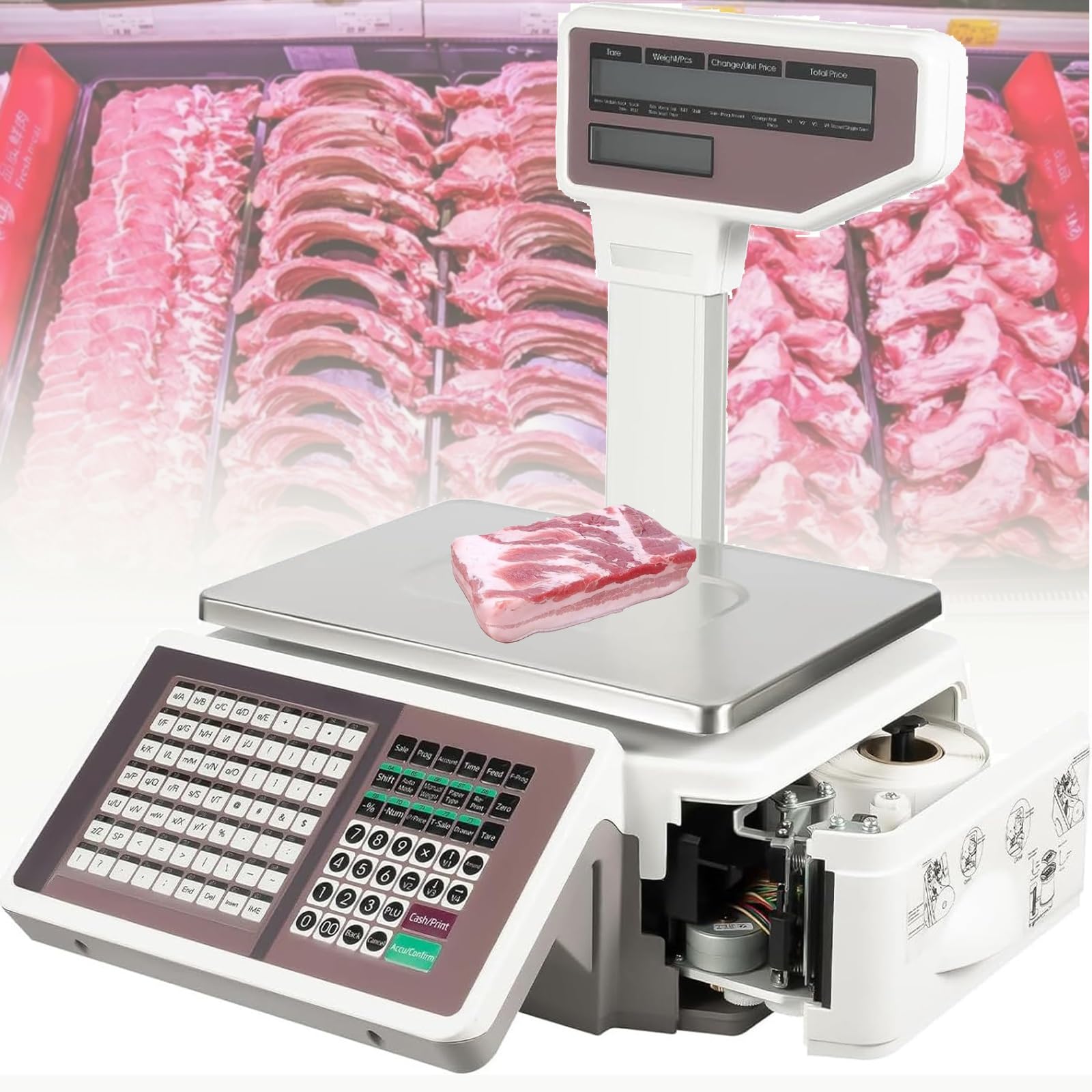 JNTFNE Label Printing Scale,Commercial Barcode Scale,Food Scale with and Receipt Printer, Electronic Weight for Retail Store & Supermarket, Dual LCD Displays, 66LB/30KG Capacity