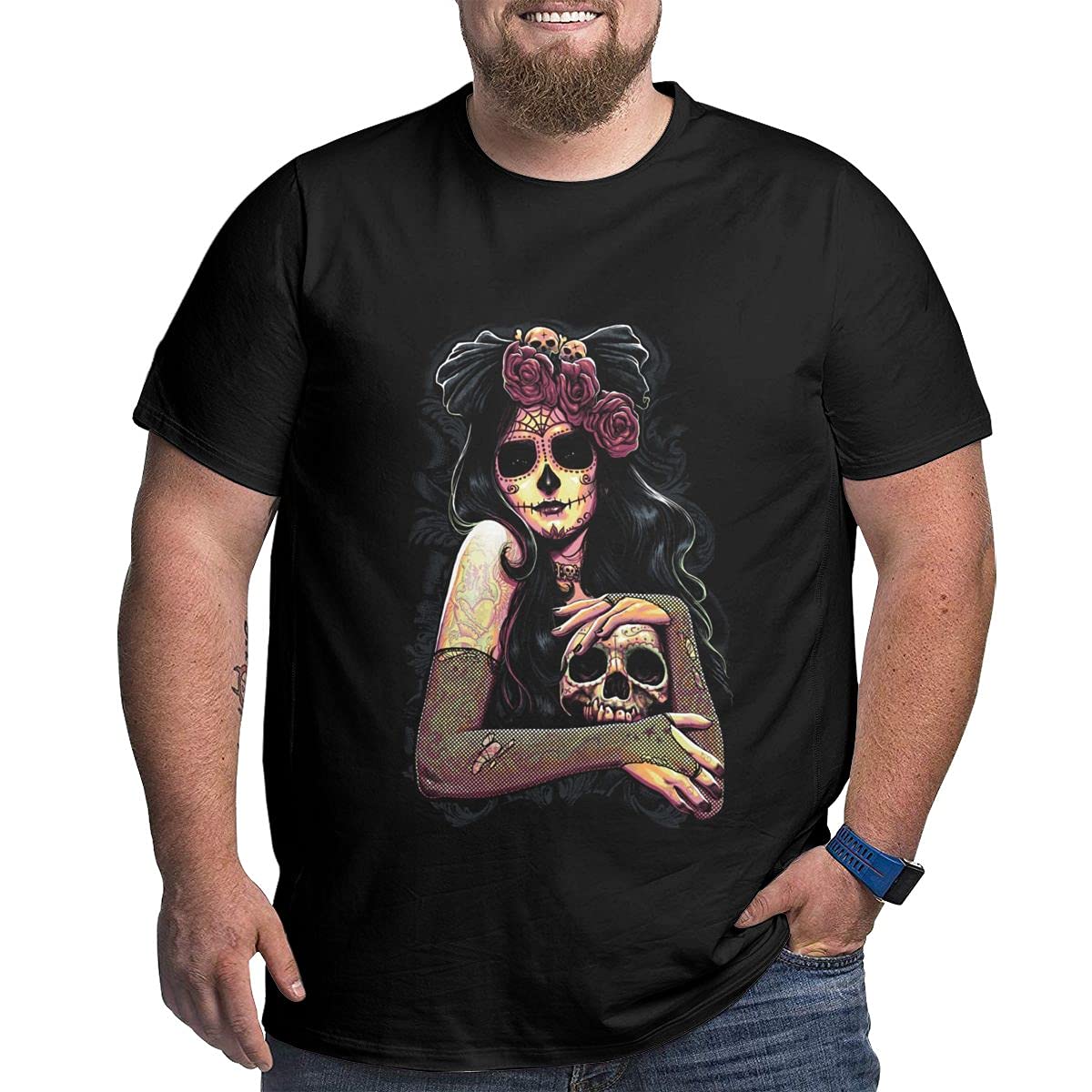 Girl Sugar Skull Black T Shirt Men Big and Tall Large Waist Short Sleeved Top