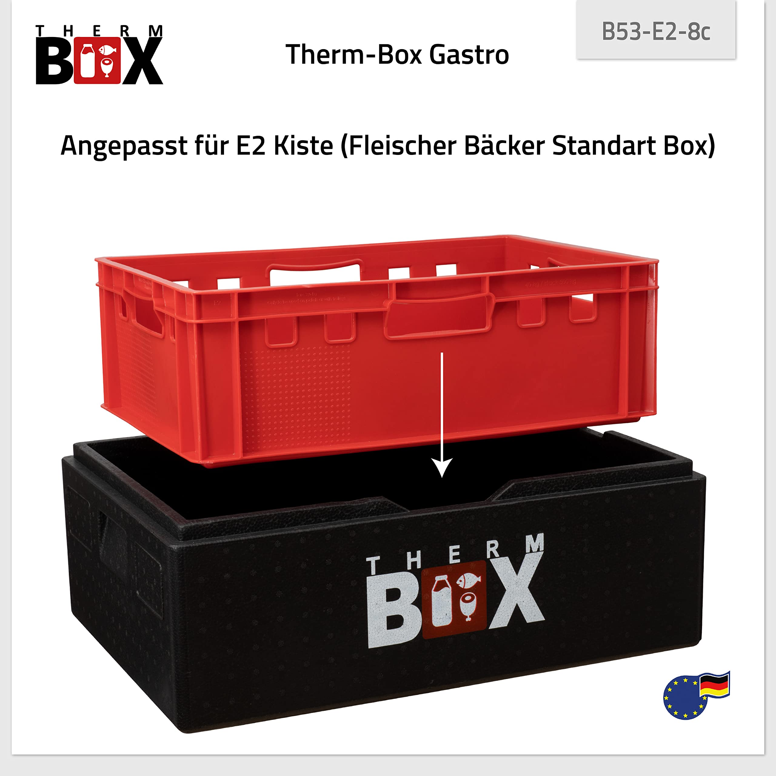 THERM BOX Styroporbox B53 mit 8X Kühlakku 53L Kühlbox Innen: 62,5x42,5x22cm Transportbox Wiederverwendbar für E2 Kiste