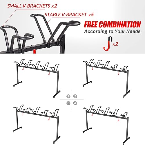 Miniatura 2 de Soporte de suelo para 5 bicicletas, estante ajustable para estacionamiento de bicicletas con gancho para garaje, interior, exterior, combinación