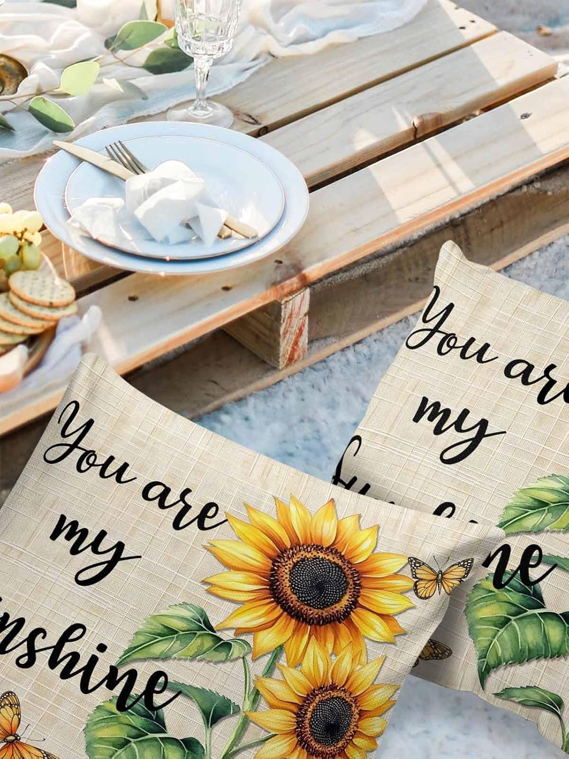 Outdoor Throw Pillow Covers 20x20 Waterproof Farm Sunflower Butterfly Outdoor Pillows Decorative Pillow Covers Cushion Covers Pillowcase for Tent Patio Garden Couch Set of 2, Vintage Country