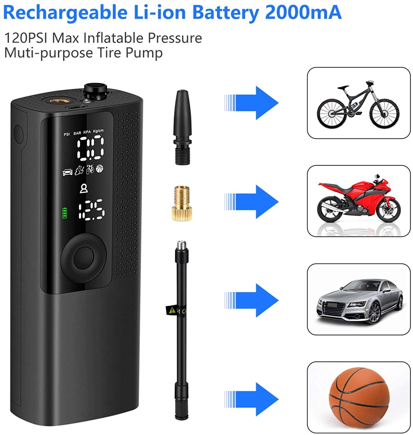 COMPRESOR DE Aire PORTÁTIDO Mini INFLADOR DE Aire Mano DE Tire Bomba con Digital LED LED Luz 12 0 PSI para Bicicletas de automóviles y Otros inflables.