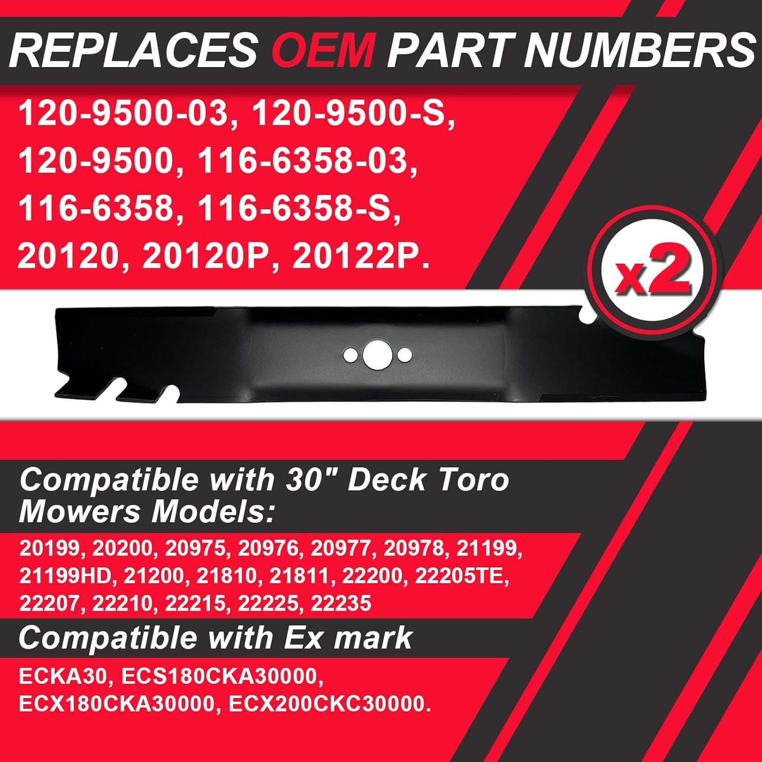 120-9500-03 116-6358-03 Mulching Blades Compatible with 30" Deck Toro 20199 20200 22200 22205TE Ex-Mark ECKA30 Lawn Mowers, Replace 120-9500 20120 20120P, 2 Pack