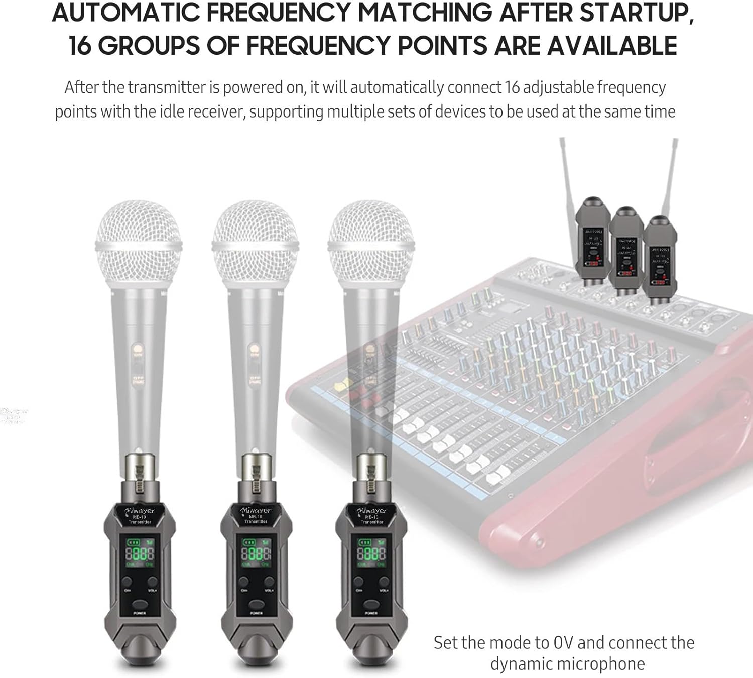 Miwayer Wireless Microphone Transmitter UHF Plug-on Mic Adapter 16 Channels Wireless XLR Microphone System for Dynamic Microphone, Audio Mixer, PA System, DSLR Camera (MB-10)