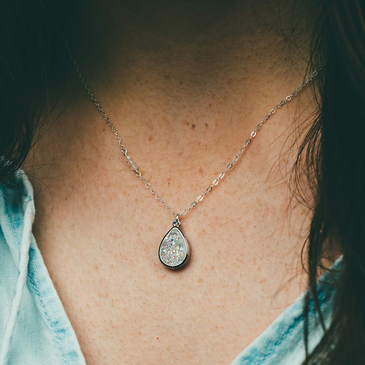 Designed By Stacey Handmade Iridescent White Druzy Teardrop Pendant Necklace, Sterling Silver Jewelry, Gifts for Women, Birthday, Anniversary, Wedding, Mother's Day, Prom, 16 to 18" Adjustable Chain - Image 2