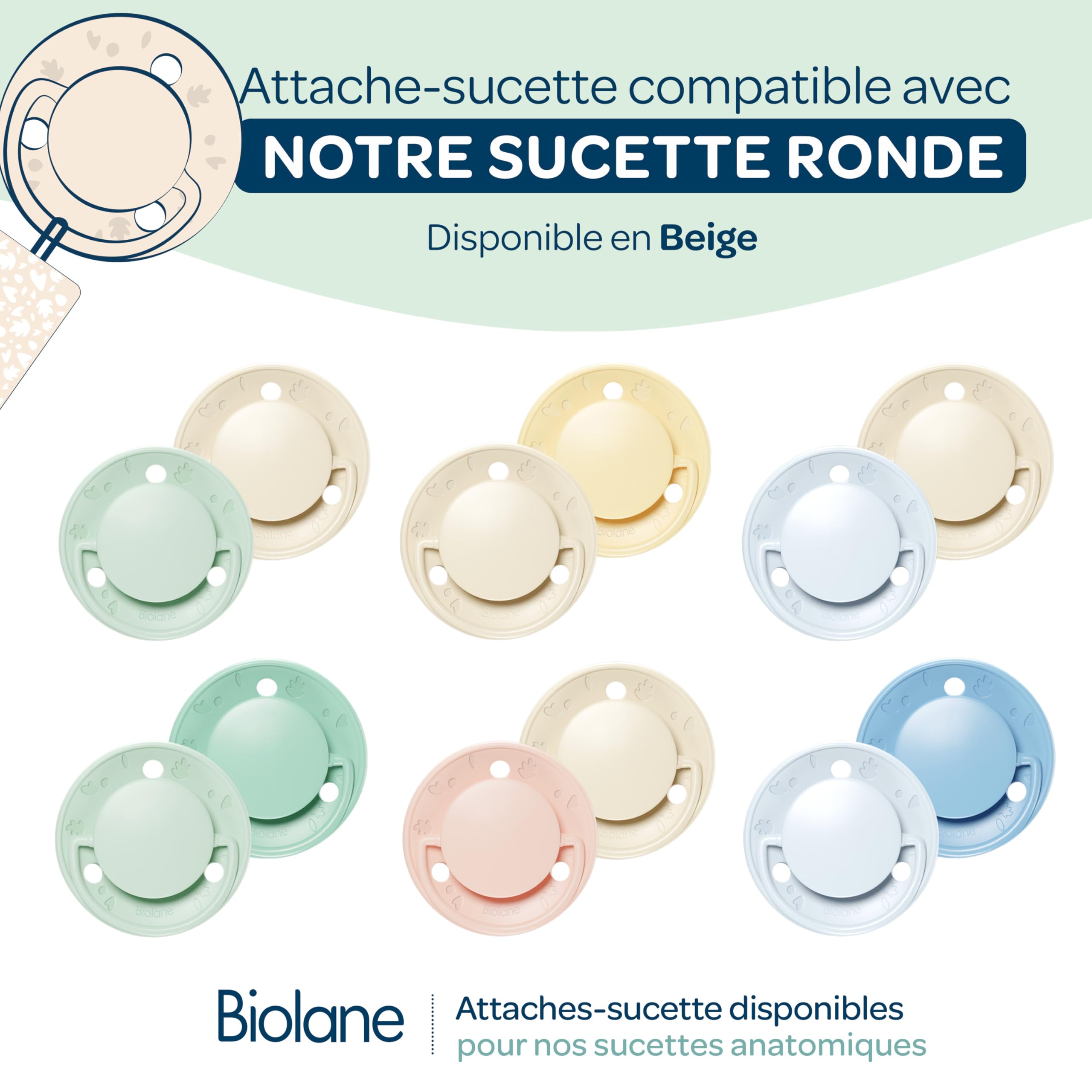 BIOLANE Attache tétine bébé 100% coton beige double sécurité anti-glisse