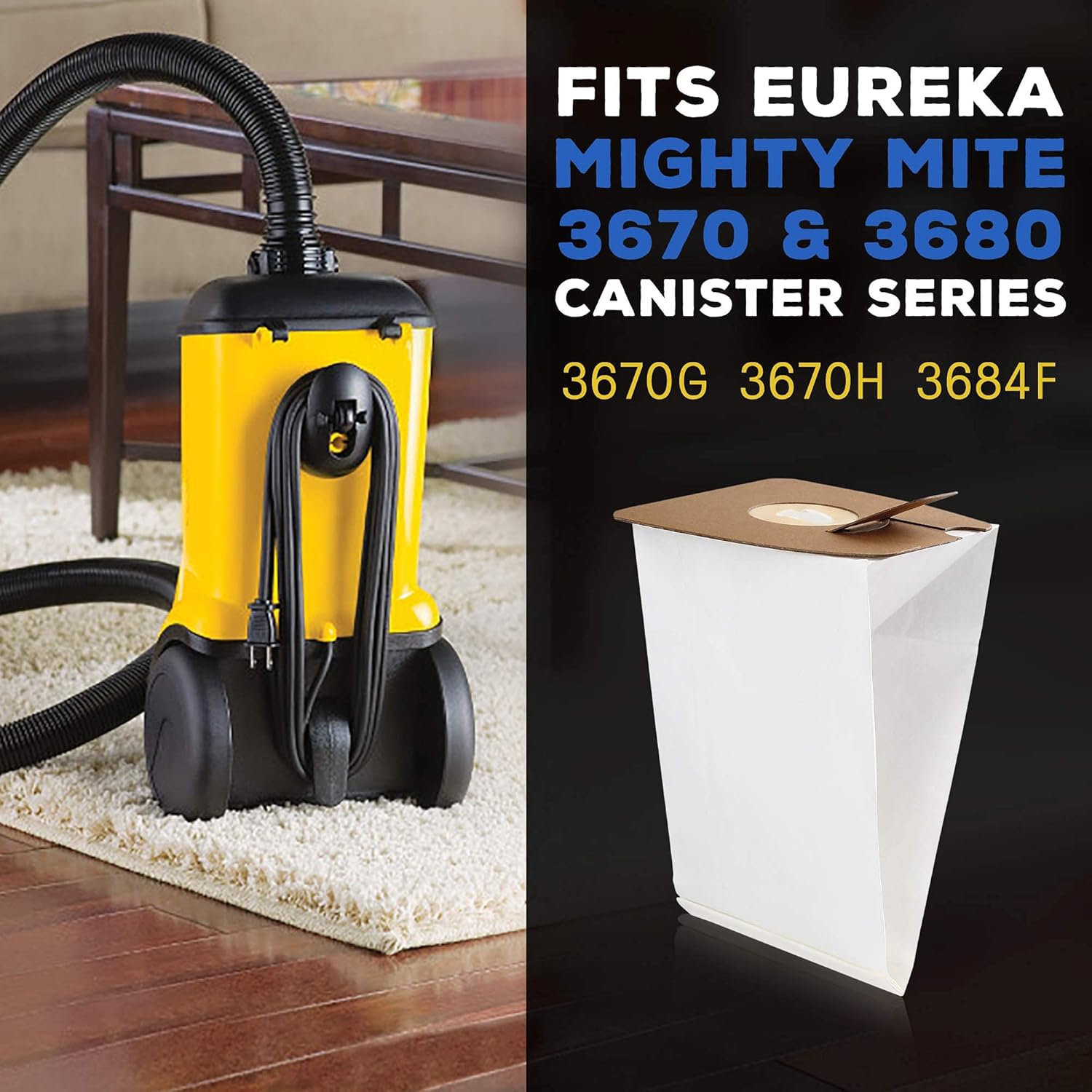 LotFancy vacuum bag next to a yellow Eureka Mighty Mite vacuum, illustrating compatibility with 3670 and 3680 series.