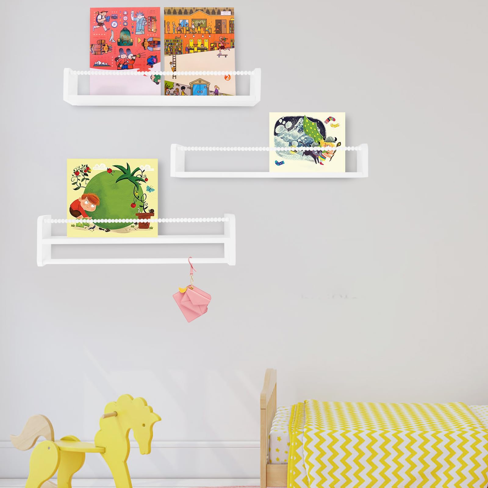 Juego de 3 estanterías infantiles de 58 cm, estantes flotantes de madera con barreras de perlas de madera, para salón, cocina, dormitorio, color blanco