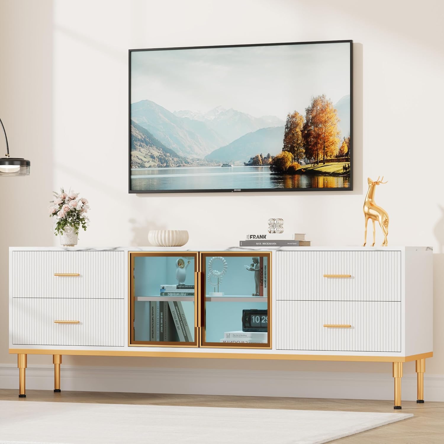 Garvee Fluted TV Stand with Storage Drawers for TVs Up to 75 Inch, Entertainment Center TV Table with LED Lights and Glass Door, Media Console with Faux Marble Top for Living Room, Bedroom, White