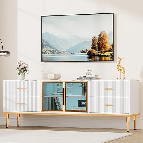 Miniatura 7 de Garvee Soporte de TV acanalado para televisores de hasta 75 pulgadas, centro de entretenimiento con luces LED, mesa de TV con cajones de