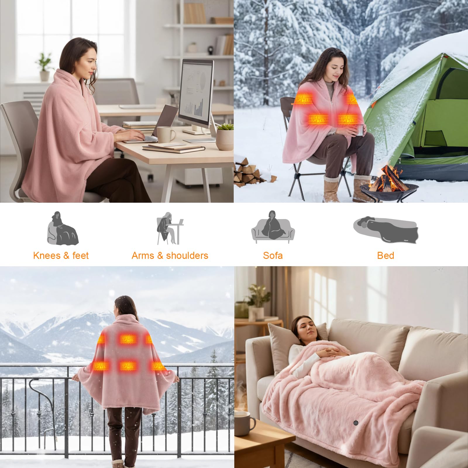 160x90cm Heizdecke Kabellos mit 16000mAh Akku, Waschbar Flanell Heizdecke zum Anziehen mit 6 Heizzonen und 3 Temperaturstufen, USB Elektrische Wärmedecke für Sofa, Büro, Reisen, Camping (Rosa)