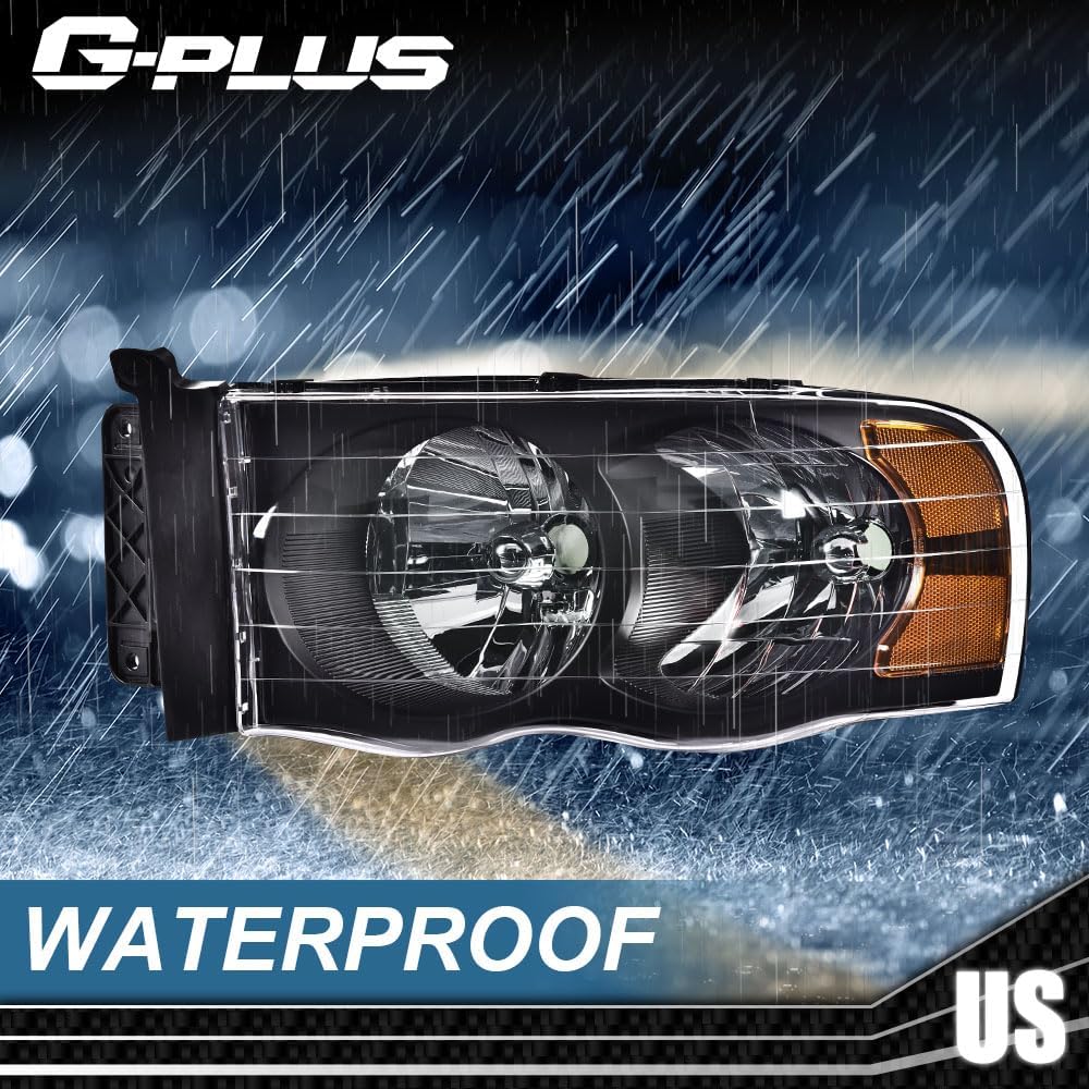 G-PLUS Headlights Assembly Compatible with Dodge Ram 1500 2500 3500 2002-2005 Bumper Headlamp, Clear lens Black Housing Amber Reflector