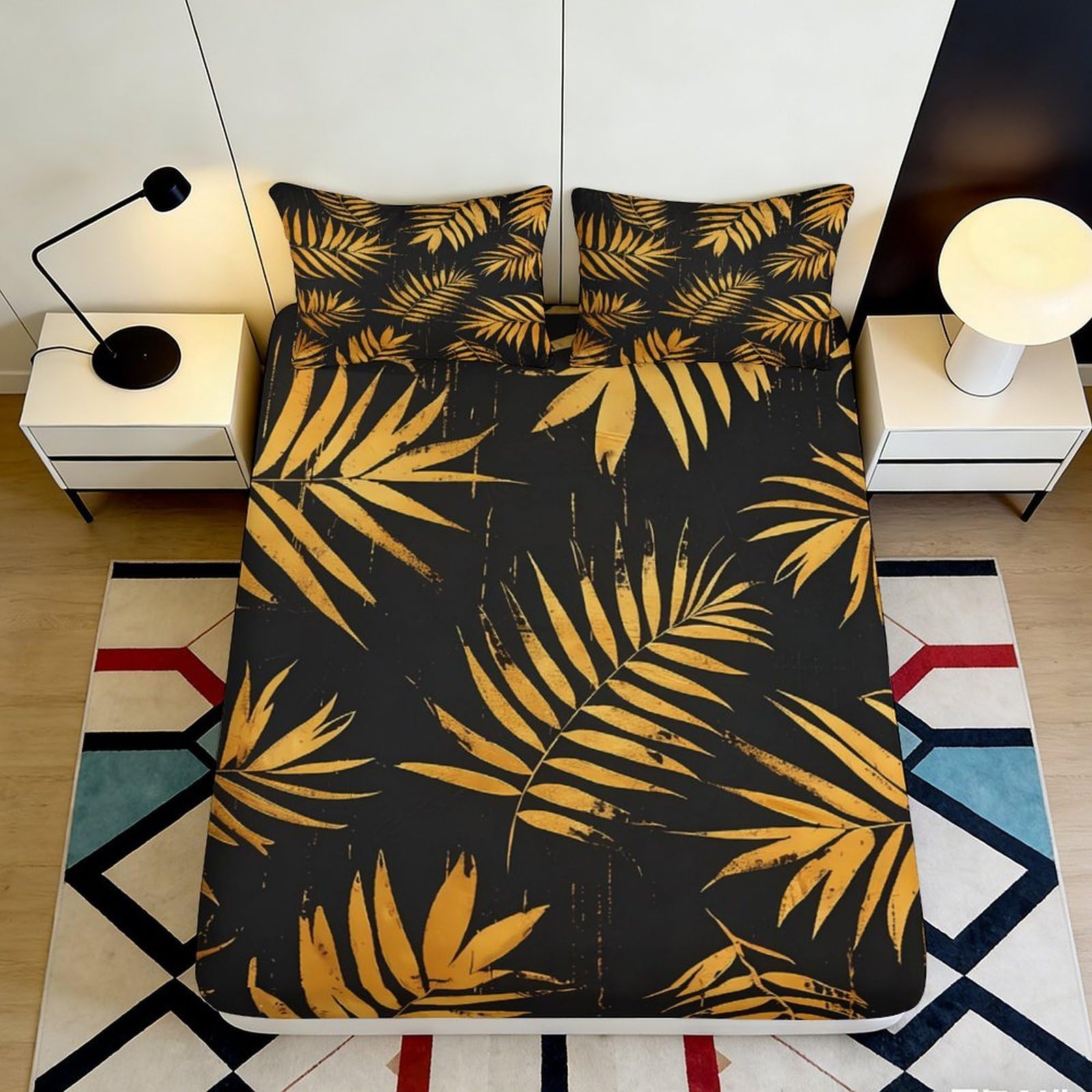 Pnayamiorkfel Style-9 3D Printed Tropical Palm Leaf Fitted Sheet Microfiber Anti-Slip Yellow Botanical Bed Cover For Bedroom Guest Room Decor 90X200x25cm