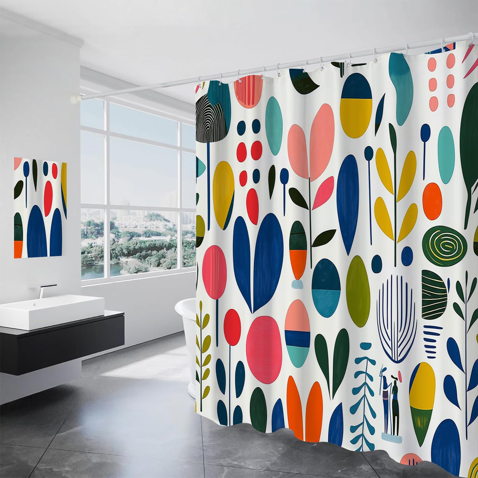 Rideau de douche feuillage abstrait pour une ambiance nature et moderne dans la salle de bains