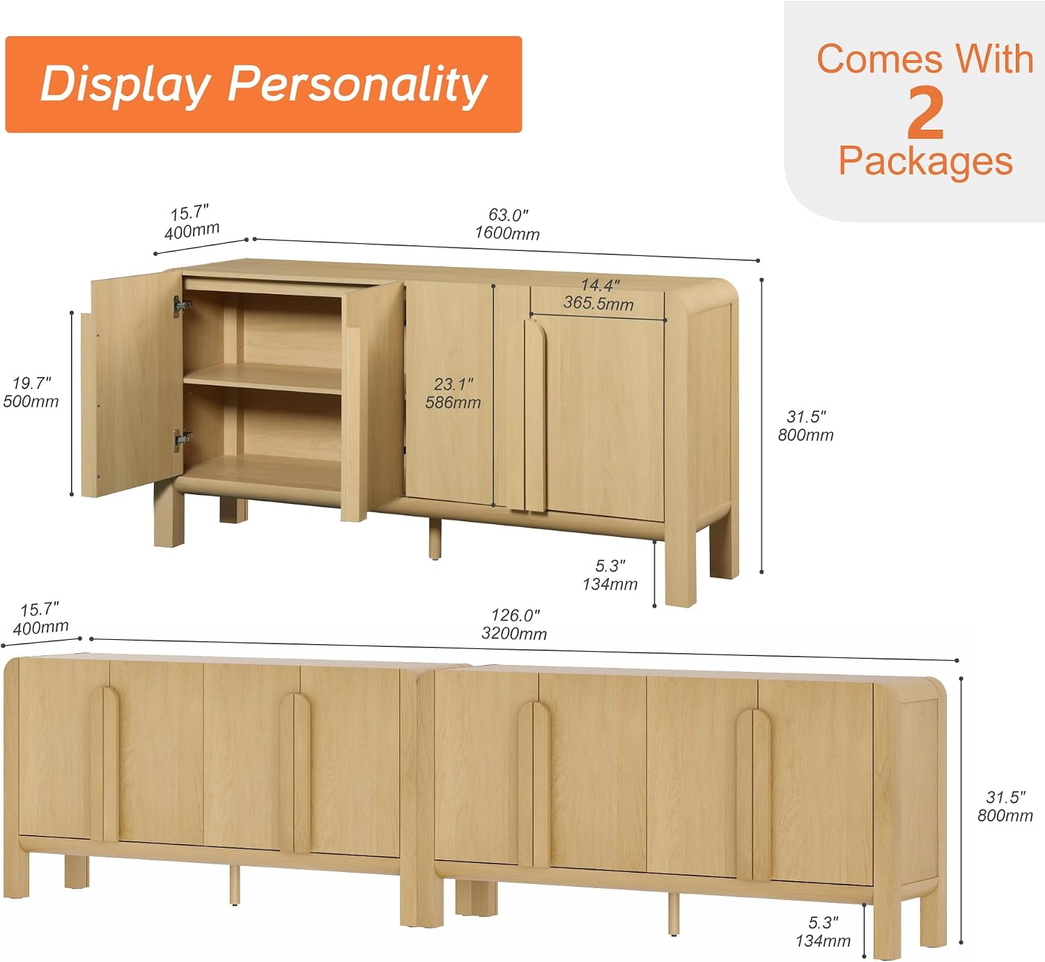 WAMPAT Modern TV Stand for TVs Up to 120 inches,126" W Farmhouse Entertainment Center with Adjustable Shelf and 4 Doors,Media Console Table TV Cabinet for Living Room,Oak