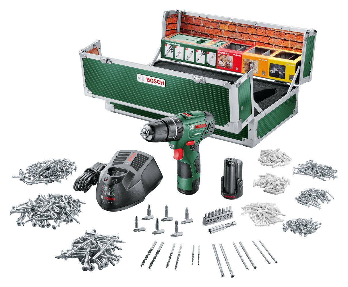 Bosch DIY Akku-Schlagbohrschrauber PSB 10,8 LI-2 Toolbox, 2 Akku, Ladegerät, 508 Zubehörteile, Koffer (10,8 V, 2,0 Ah, Max. Schrauben-Ø 6 mm, Max. Bohr-Ø Stahl/Holz/Stein 8/20/6 mm)