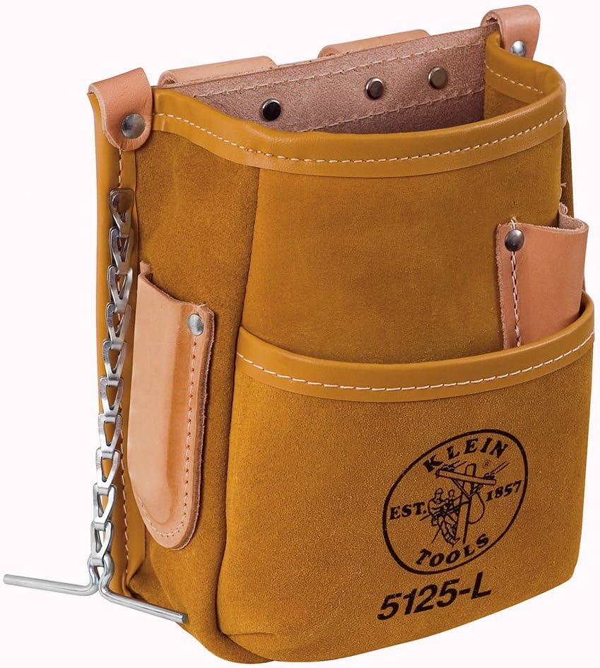 Klein Tools 5125L All Leather 5-Pocket Tool Pouch with Chain Tape Thong and Tunnel Belt Connection