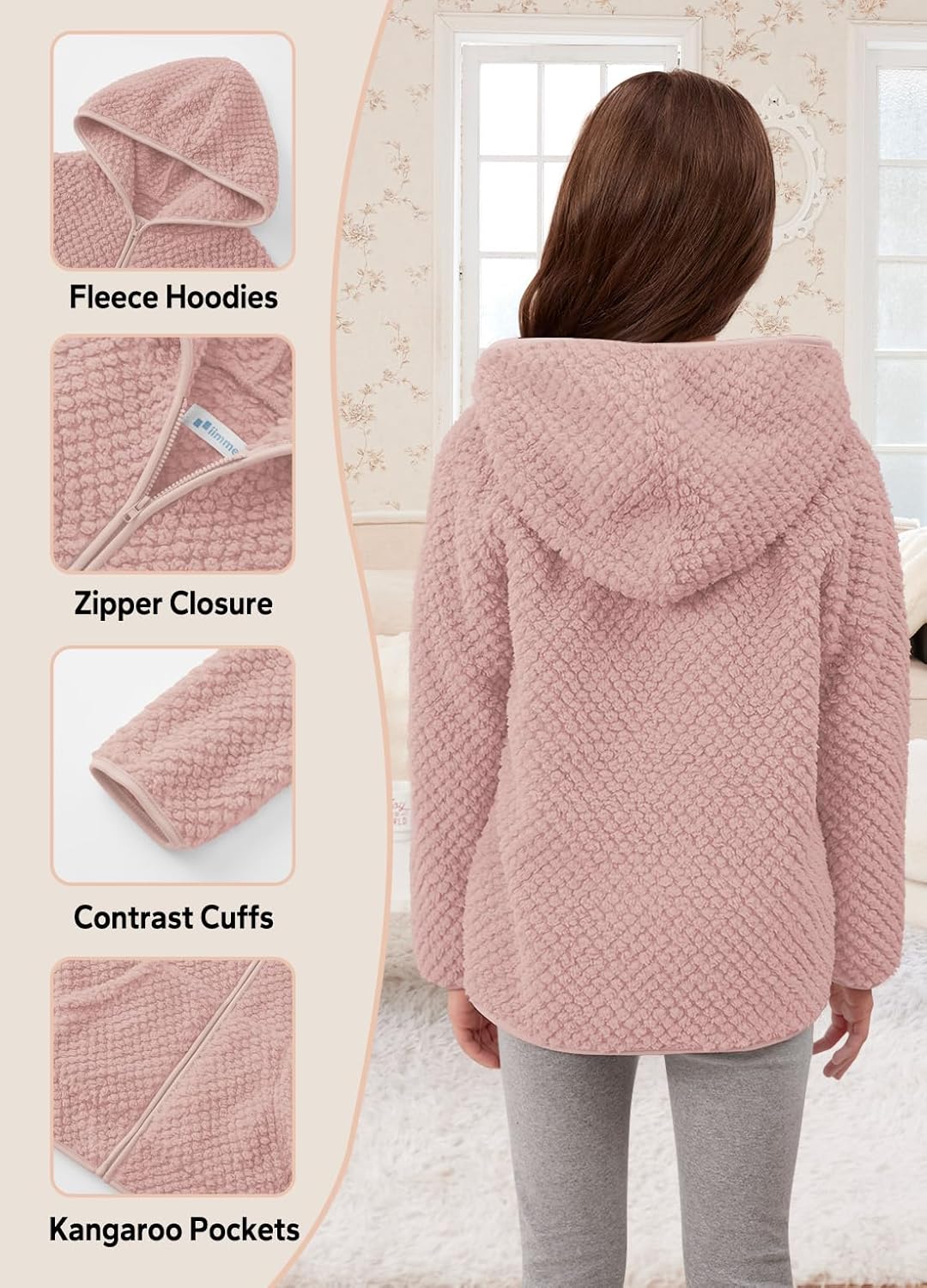 IMMER Girls Winter Full Zip Sherpa Fleece Long Sleeve Solid Hoodie Fuzzy Jacket Outwear Coat with Pocket 3-12 Years - Image 5