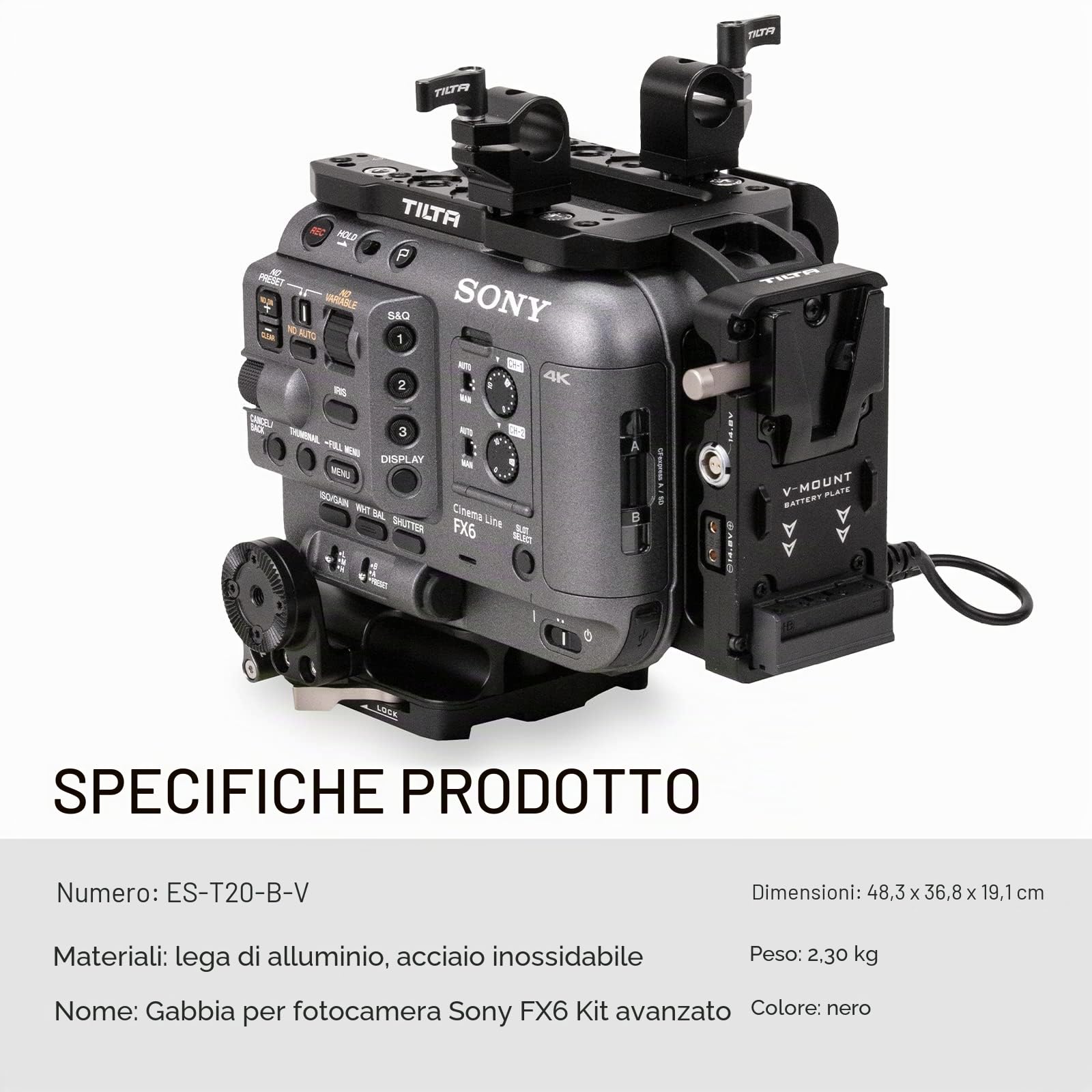 Tilta FX6 Cage, gabbia per fotocamera compatibile con Sony FX6 V-Mount Advanced Kit Gabbia per il cinema con piastra di base a sgancio rapido e piastra per batteria V-Mount ES-T20-B-V | Include Piastra Base Sgancio Rapido, Piastra Batteria V-Mount, Piastr