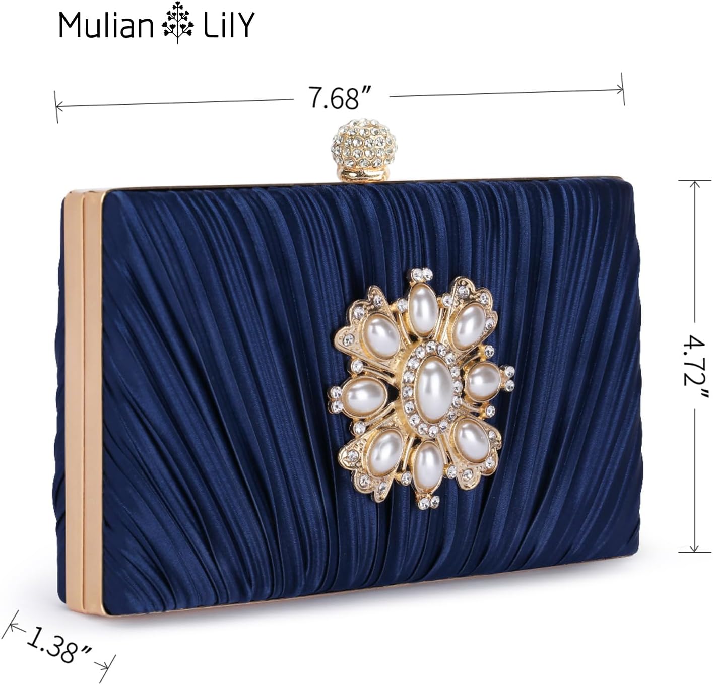 Evening Bags For Women Pleated Satin Rhinestone Brooch Clutch Purse With Detachable Chain Strap