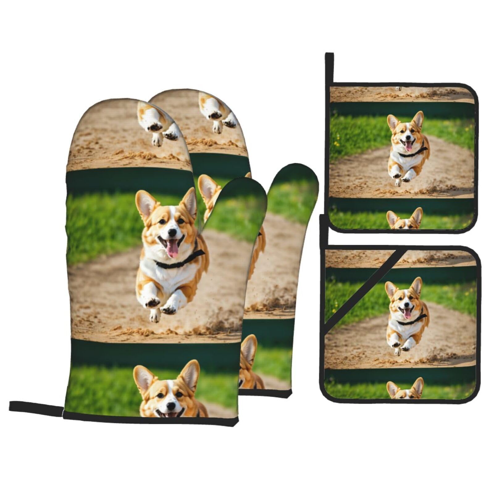 Cute Corgi Print Kitchen Oven Mitts And Pot Holders Set,Hanging Loop Design For Cooking Baking Bbq