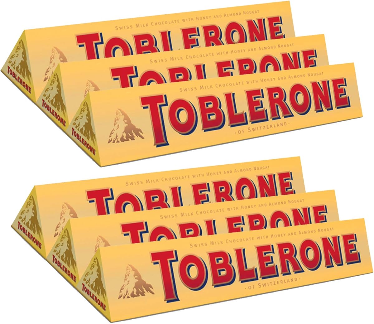 TOBLERONE SWISS MILK CHOCOLATE WITH HONEY AND ALMOND NOUGAT 6 X 100 G BARS