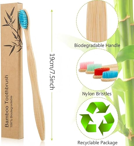 Miniatura 2 de 18 cepillos de dientes de bambú, cepillos de dientes de bambú con cerdas de nailon y asas ergonómicas en embalaje individual (multicolores)