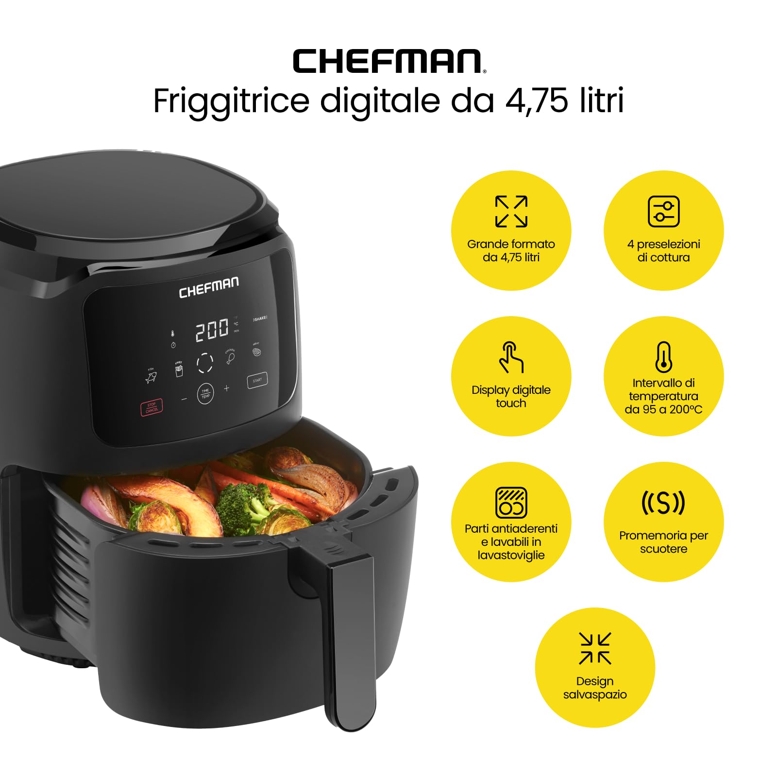 Friggitrice ad aria digitale Chefman 5 litri per famiglie, controllo digitale one touch, patatine, pollo, carne, pesce, parti antiaderenti lavabili in lavastoviglie, spegnimento automatico, nera