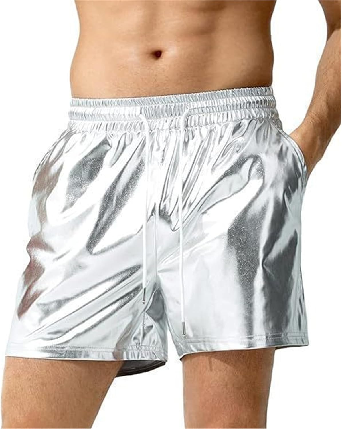 Legou Men's Shorts Metallic Shiny Elastic Waist Short | Polyester,Pockets,Elastic Waist,Party Disco Rave Short for Men