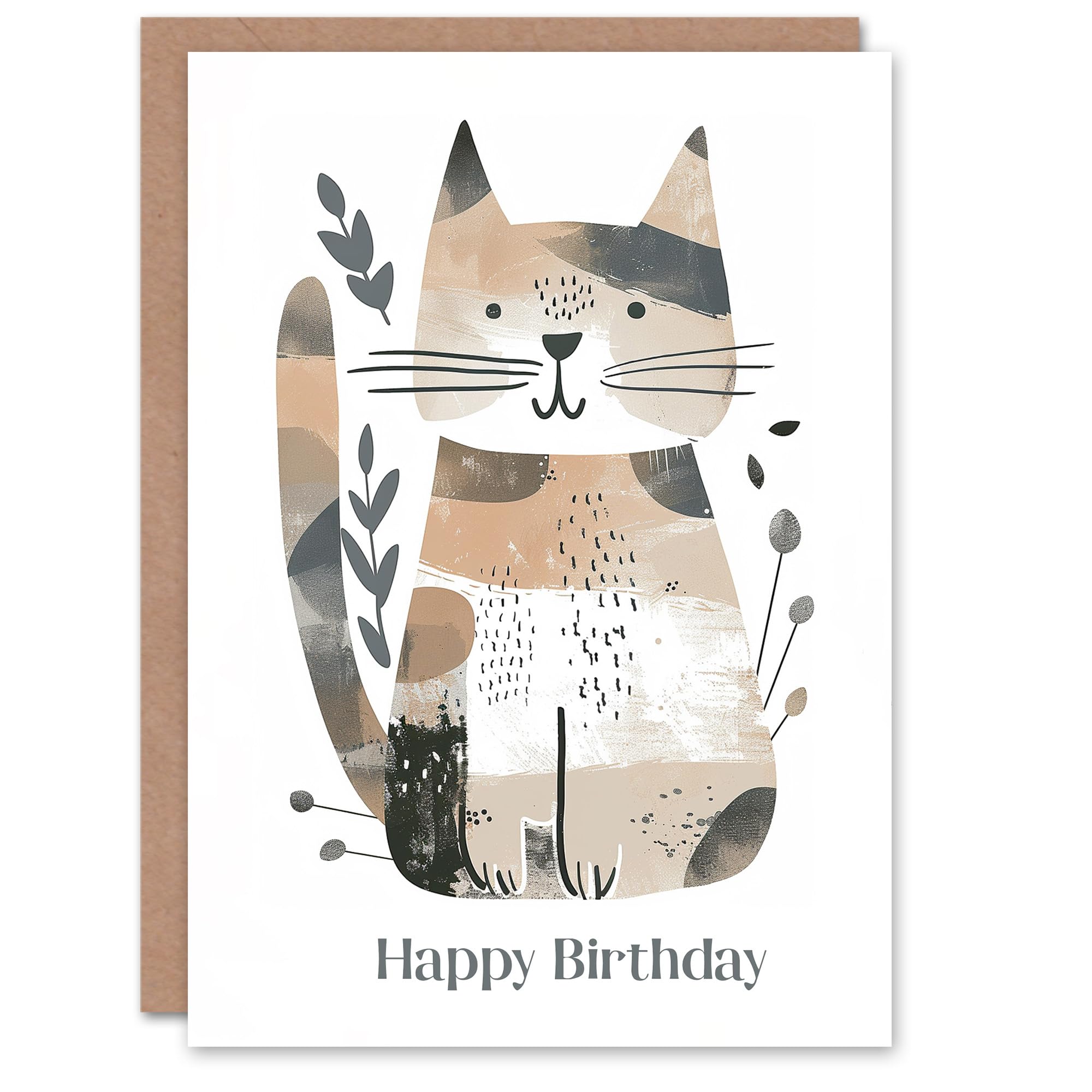 Artery8 Birthday Card Cat Lover Modern Boho Cute Kitty Drawing For Child Kids Son Daughter Greeting Card