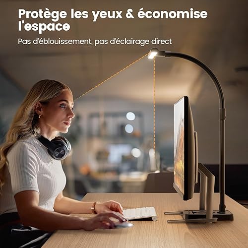Double Head Desk Lamp LED Dimmable 24 W 80 cm Clampable Daylight Lamp Gooseneck Office Table Lamp Eye Protection Workplace Light Monitor Lamp Desktop Base with Mobile Phone Holder, Black - 5