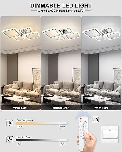 Miniatura 3 de SEABLE Moderna lámpara LED de techo regulable de 3 colores con mando a distancia 3000K-6000K 63W 29" 4 cuadrados cromados cerca de la luz de techo