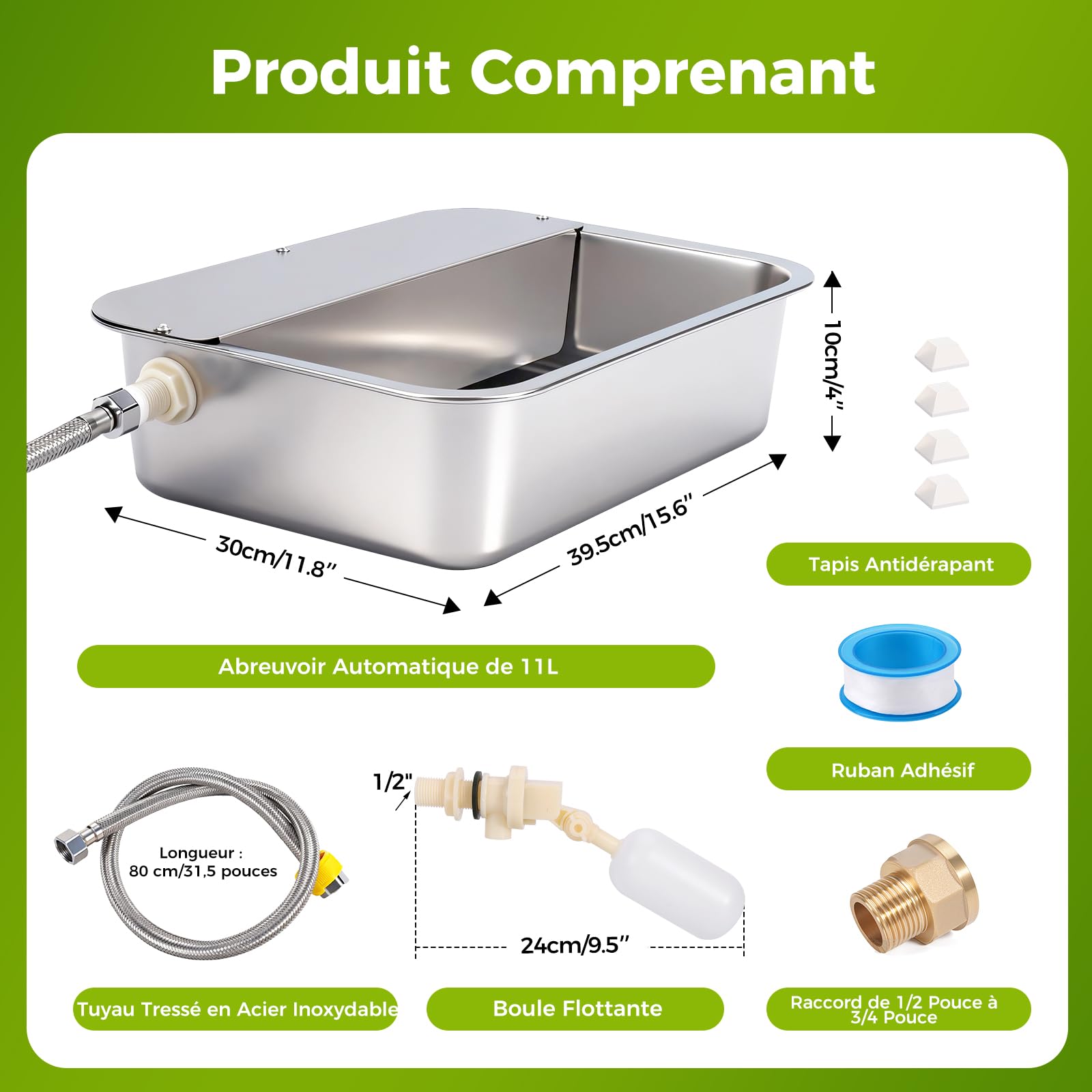 Abreuvoir Automatique pour Chiens, Distributeur ExtéRieur en Acier Inoxydable de 11 litres pour Grands Chiens, Chevaux, Canards, Poulets et BéTail (39 X 29 Cm)