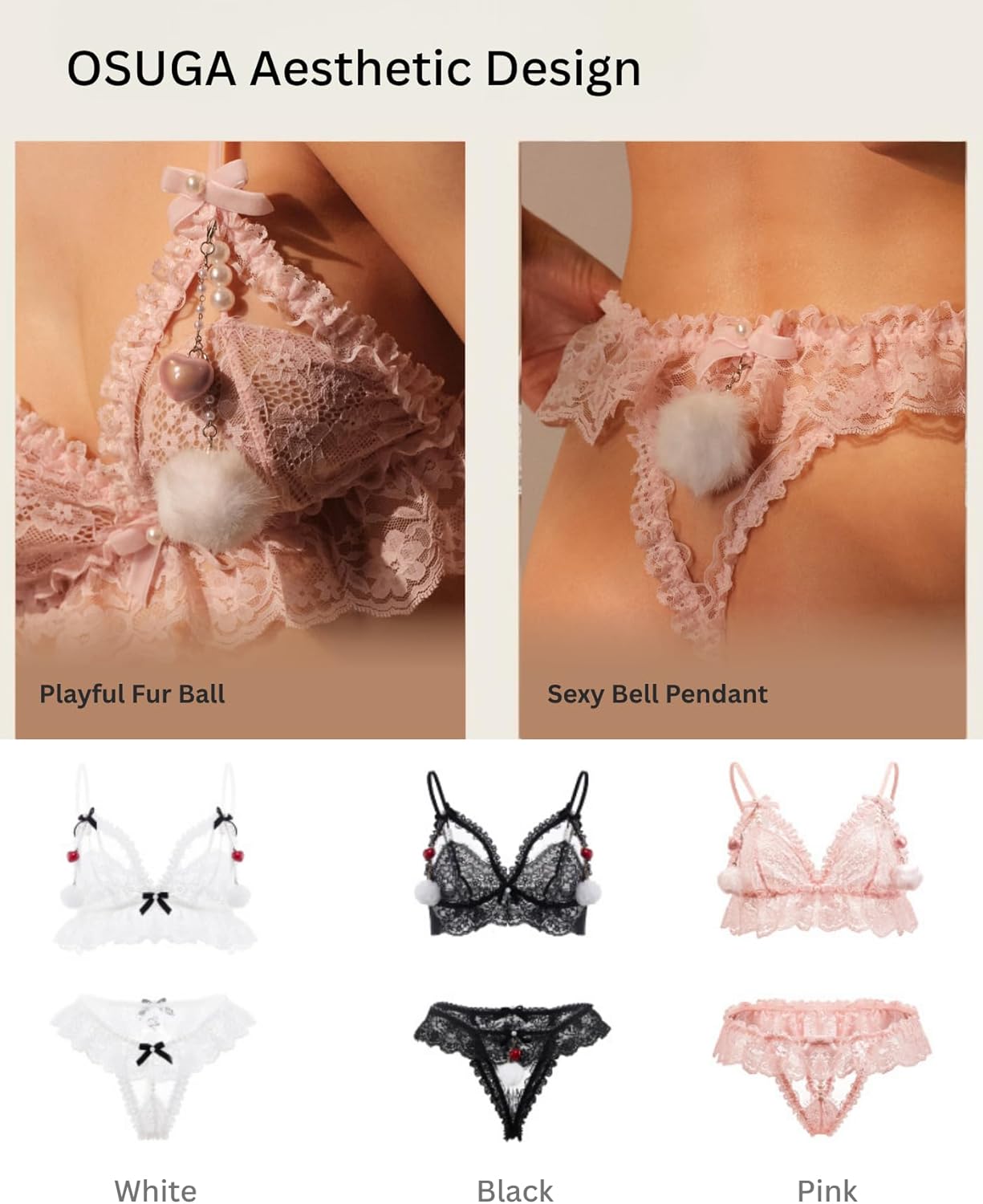 OSUGA Sexy Floral Lace Sheer Lingerie Set Cute Strappy Embroidered Mesh See Through Panty Bra with Thong - Image 6