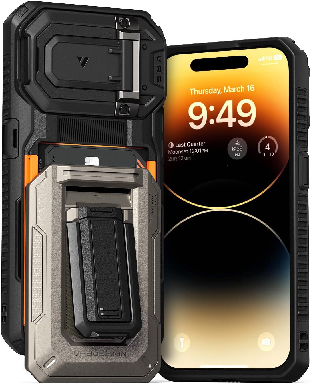 VRS DESIGN Origin Wallet Case For IPhone 16 Pro Max (2024), Rugged Semi-Automatic 3-Card Holder Slot & Kickstand Phone Case (Matte Black - View #3