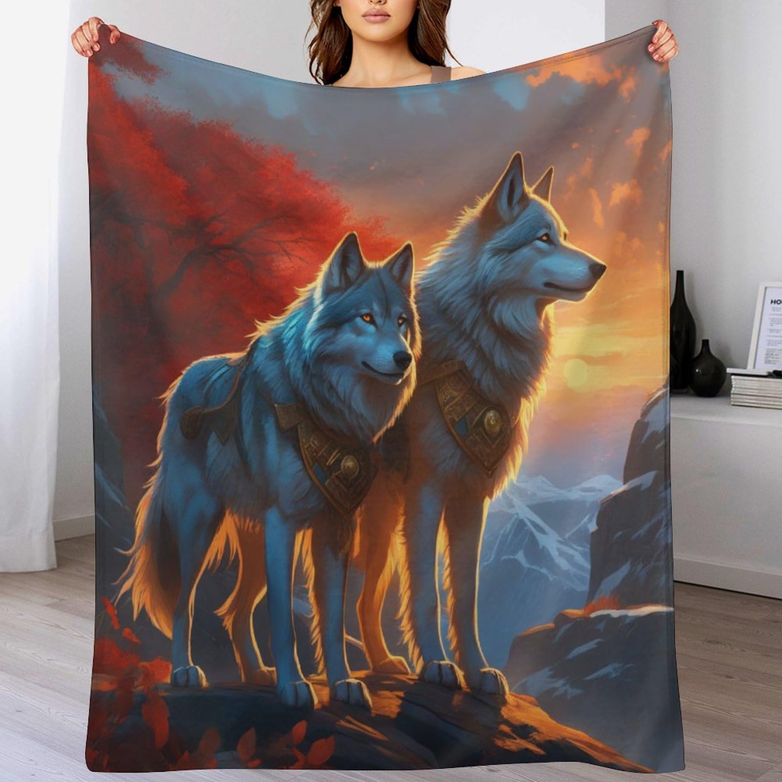 Manta de lobo para cama contra el frío del invierno, manta de sofá de franela mullida
