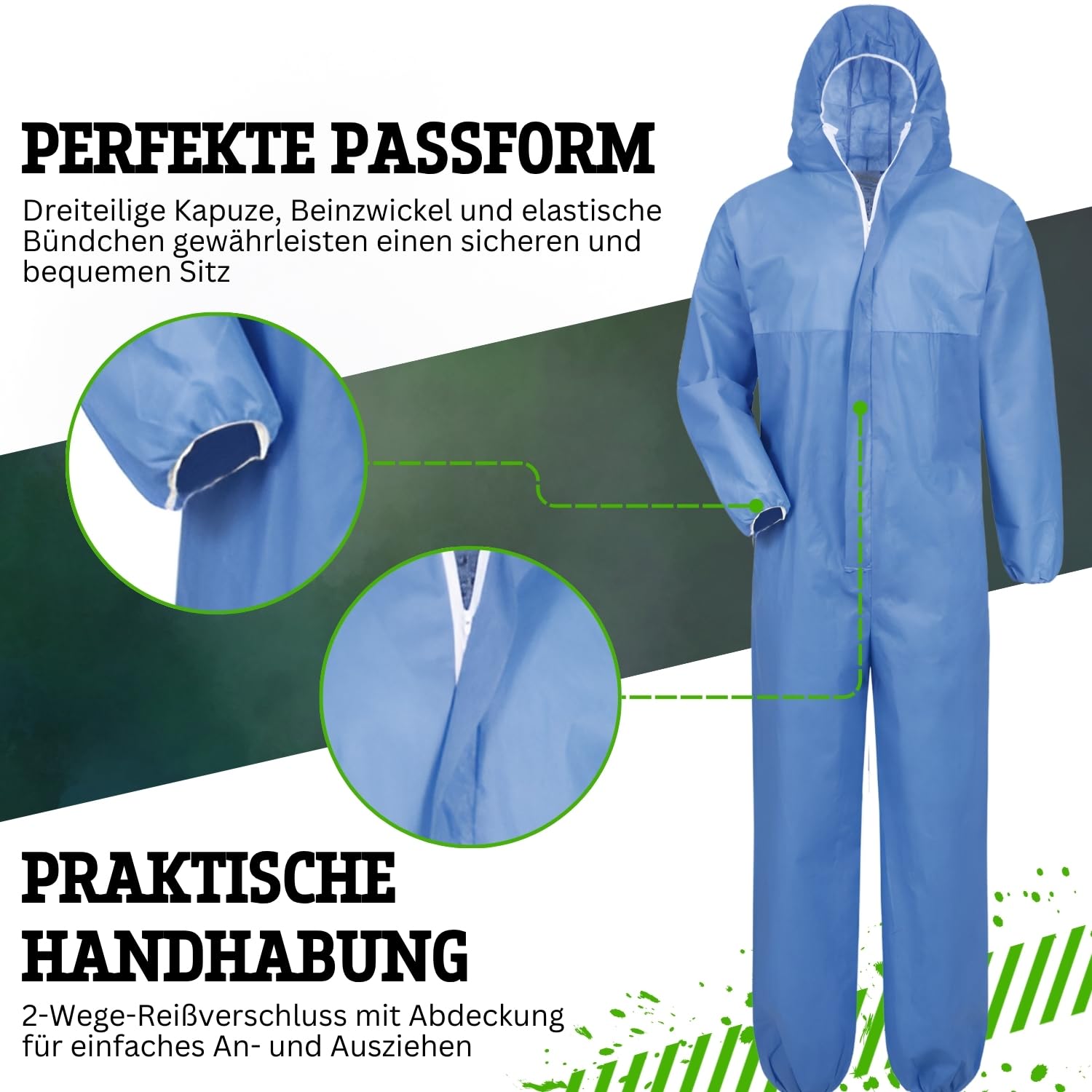 Safetytex SMS Schutzanzug - Einweg Overall - PSA Kat. 3 Typ 5/6 - Partikeldicht & Spritzwassergeschützt - Ideal für Asbest, Sanierung & Industrie - Blau/Weiß