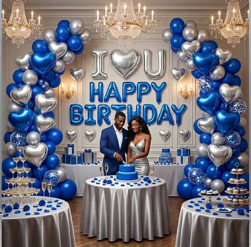 Romantic Birthday Decorations for Him I LOVE YOU & HAPPY BIRTHDAY Foil Balloons & Rose Petals,Blue Silver Special Night Decorations, Husband Anniversary Surprise,Bedroom,Men Boyfriend Hotel Decor