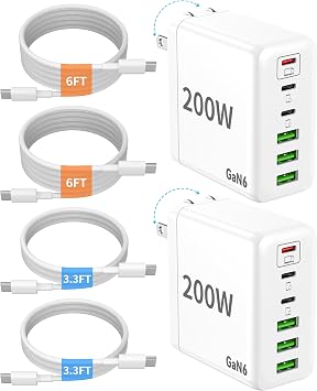 2 Pack USB C Charger Block 200W 6 Port GaN Super Fast Type C Charger