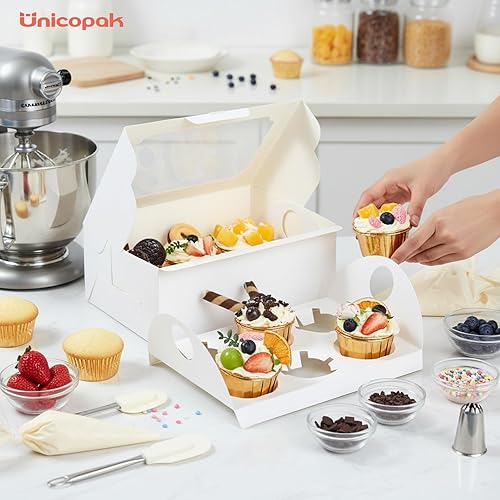 Miniatura 5 de UnicoPak Paquete de 20 cajas de magdalenas blancas de 10 x 6.8 x 4 pulgadas de alto, 6 unidades con bandeja de asa, cajas grandes para magdalenas