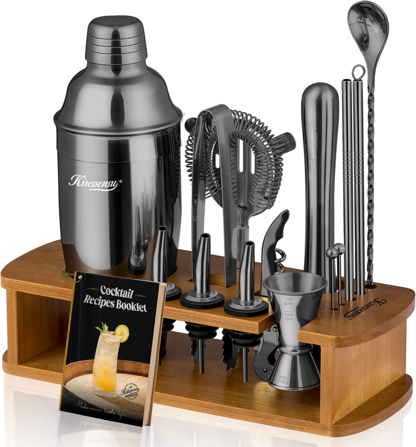 Cocktail Shaker Set Bartender Kit with Stand | Bar Set Drink Mixer Set with All Essential Bar Accessory Tools: Martini Shaker, Jigger, Strainer, Mixer Spoon, Muddler, Liquor Pourers | Black