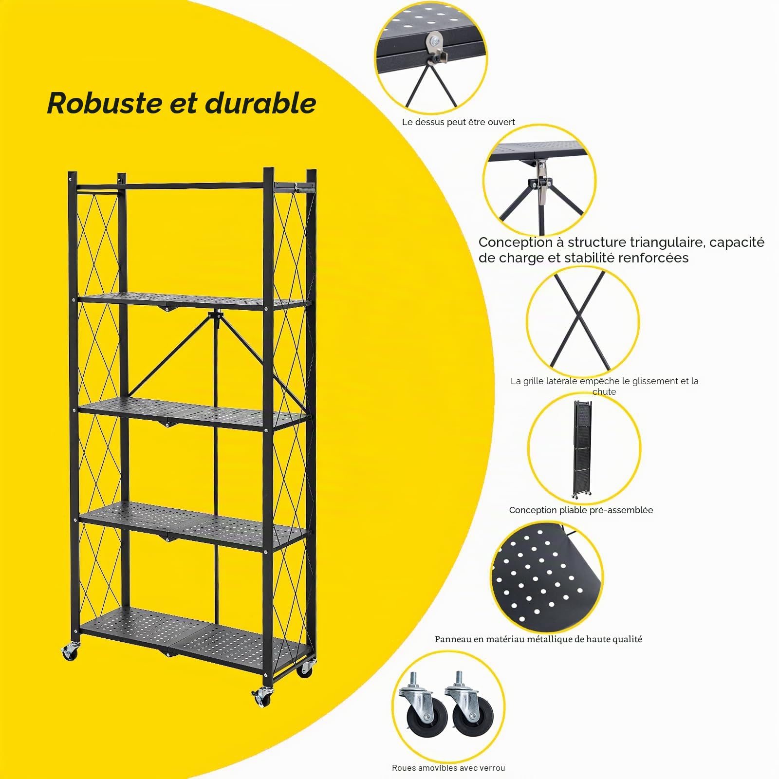 BRIAN & DANY Pliable Etagere de Rangement à 5 Niveaux, Étagère Pliante en Métal avec roulettes, Étagère Rabattables pour Garage de Cuisine, 65 x 33 x 150 cm, Noir
