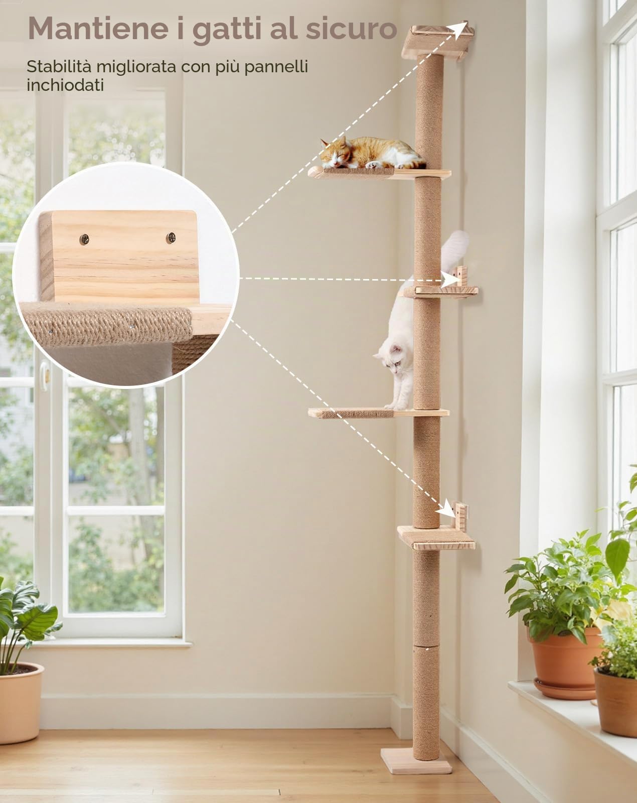 PawGiant Tiragraffi da parete a 5 ripiani altezza 213 cm con tiragraffi in sisal e piattaforme, parete da arrampicata in legno per gatti di piccole e medie dimensioni