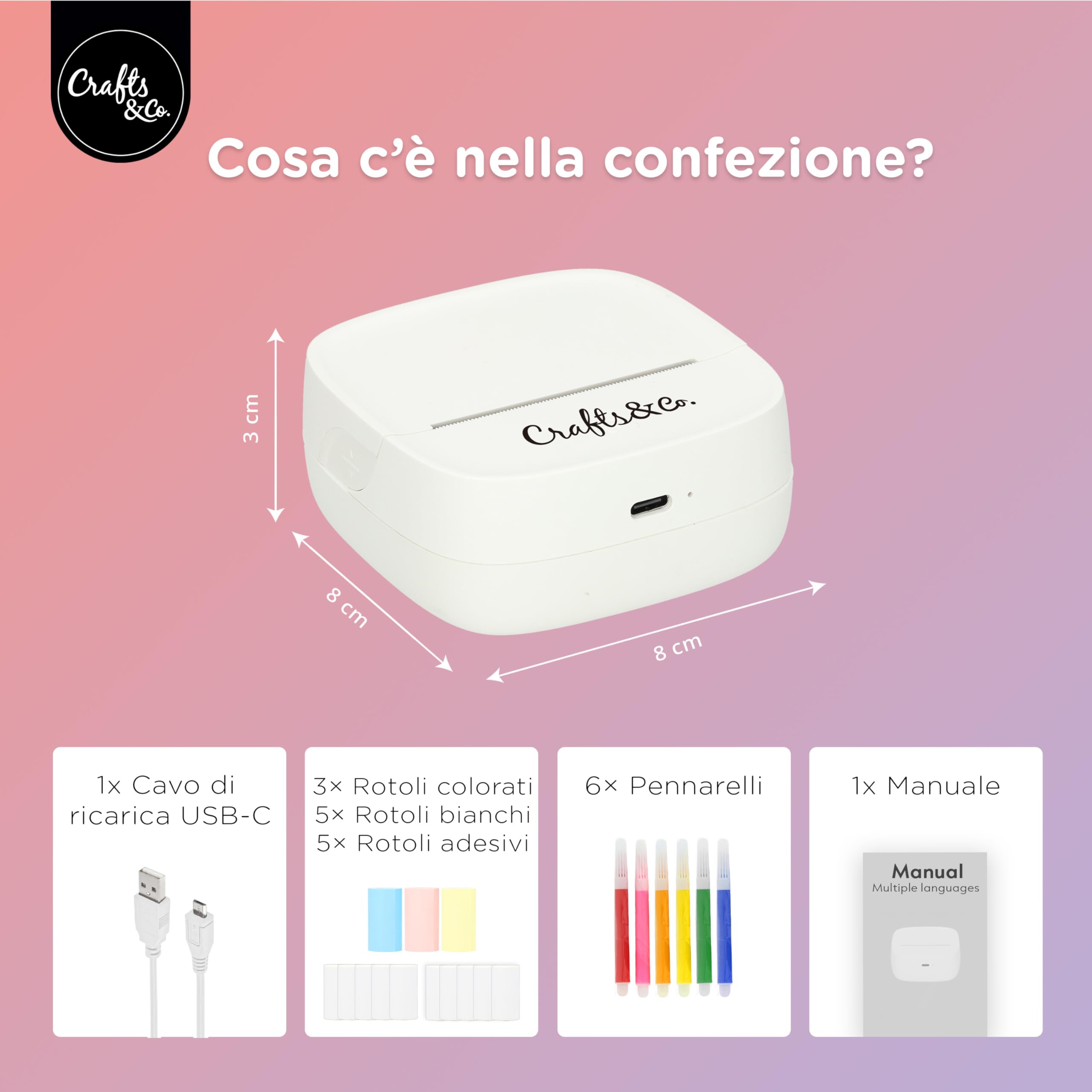 Crafts&Co Mini stampante tascabile | stampante portatile Bluetooth per smartphone adesivi e appunti, stampante termica senza inchiostro, dimensioni 8 x 8 x 3 cm, colore bianco