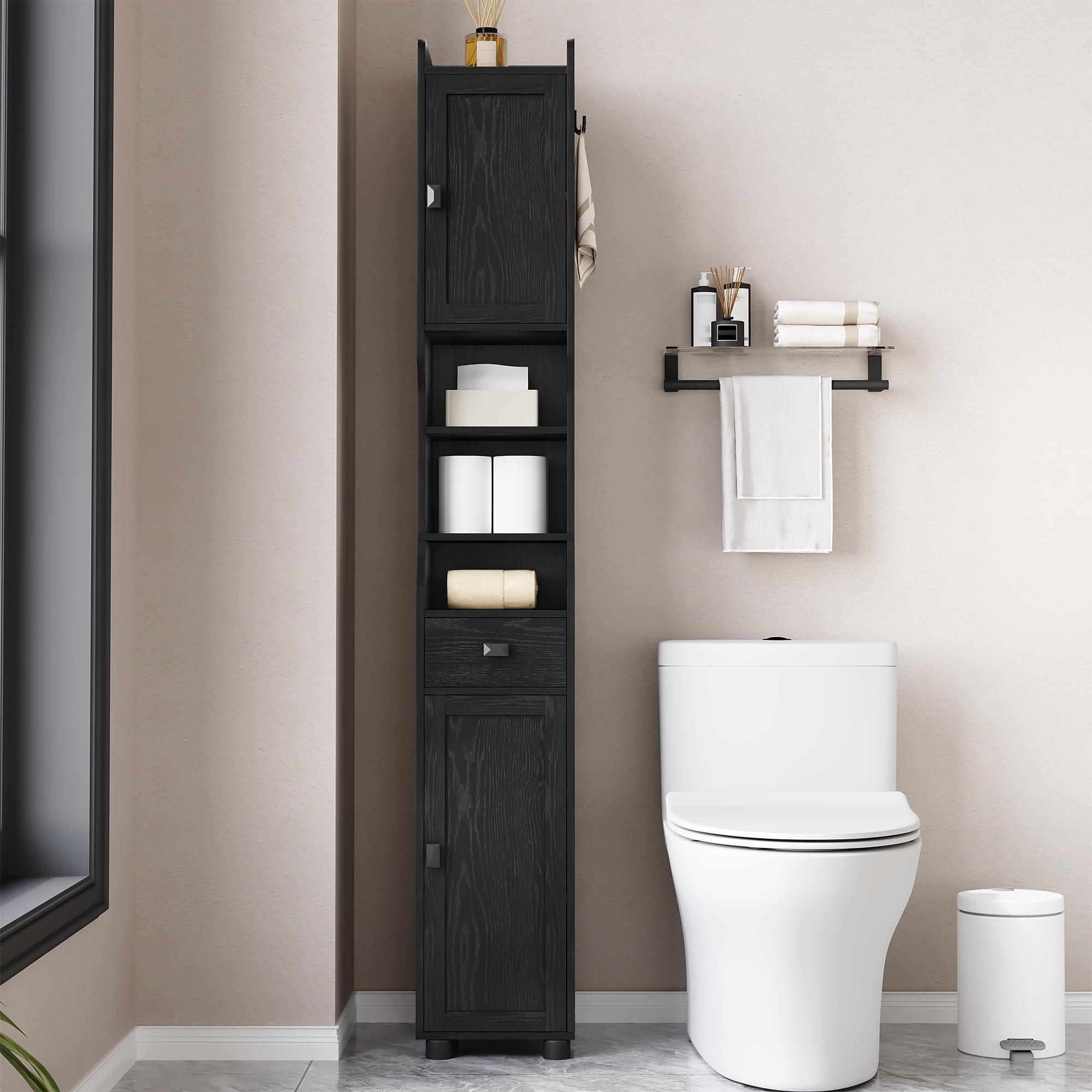 HEXCELEN Mueble de Baño Estrecho, Armario Alto de Baños con Compartimento Abierto y 2 Puertas, Estantes Ajustables, para Baño, Salón, Dormitorio, 28 x 28 x 180 cm, Negro